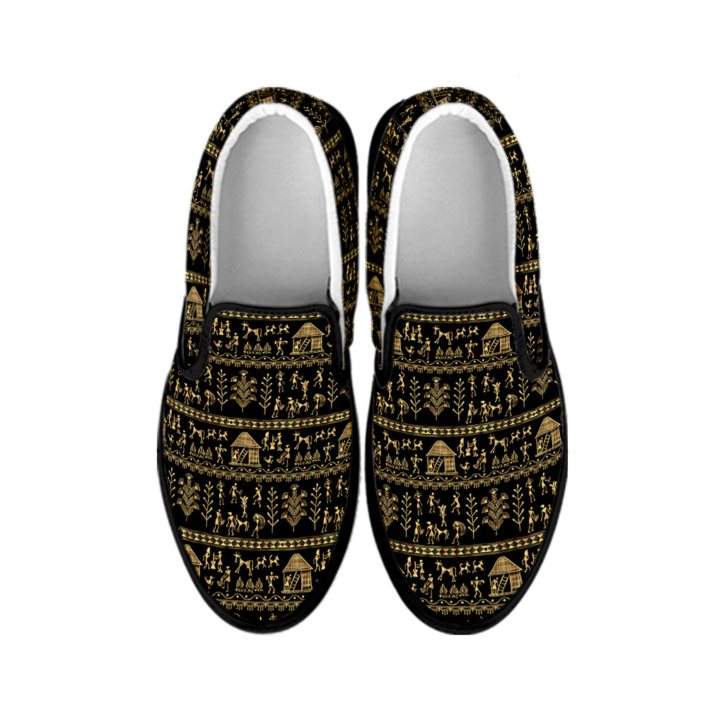 Black And Gold Warli Pattern Print Black Slip On Shoes