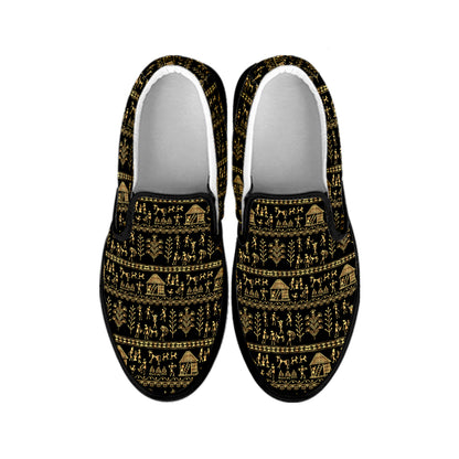 Black And Gold Warli Pattern Print Black Slip On Shoes