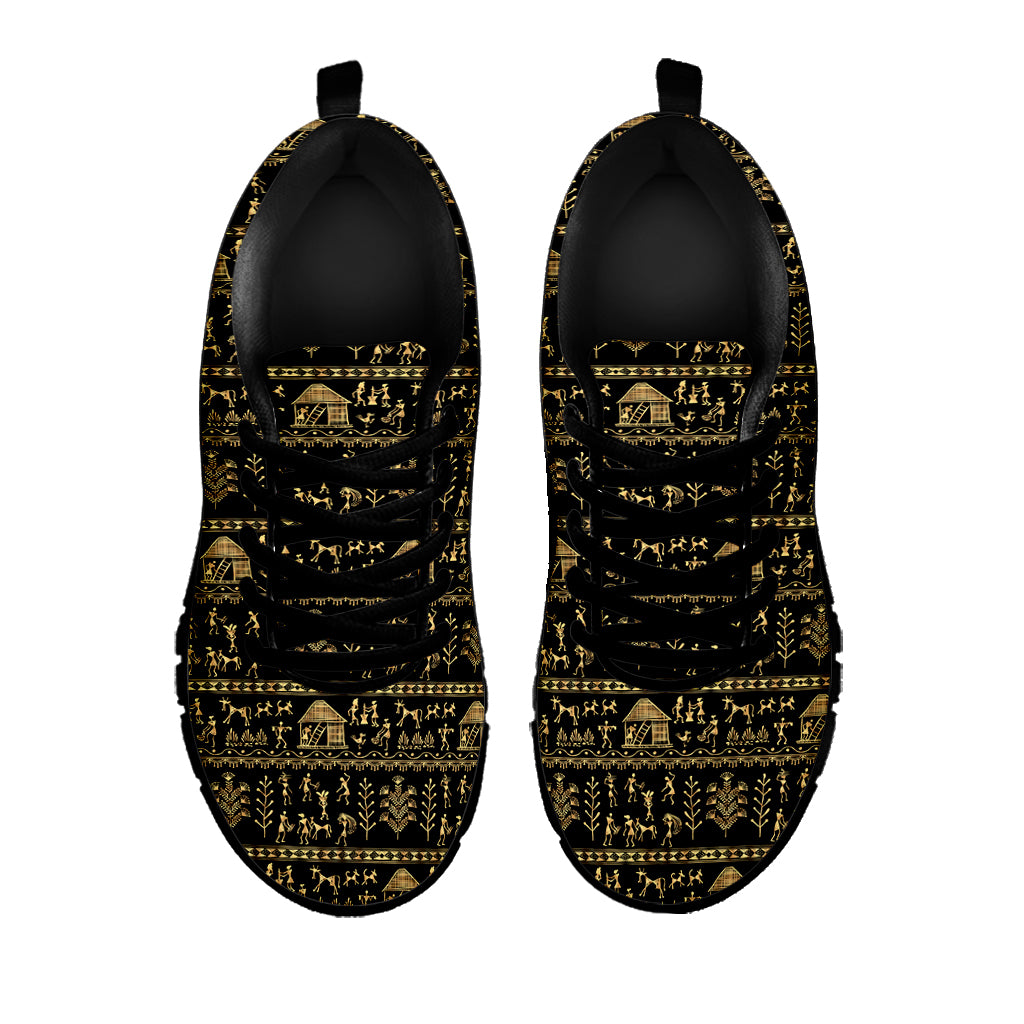 Black And Gold Warli Pattern Print Black Sneakers