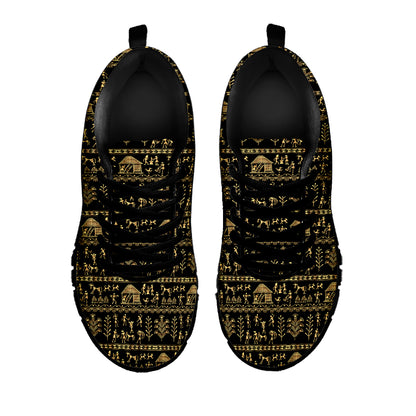 Black And Gold Warli Pattern Print Black Sneakers