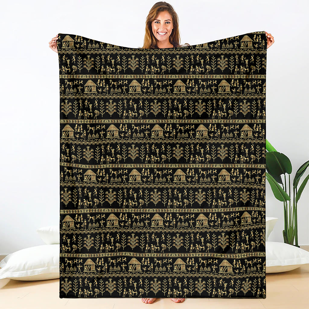 Black And Gold Warli Pattern Print Blanket