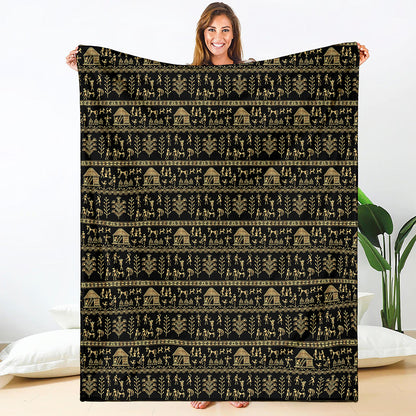 Black And Gold Warli Pattern Print Blanket