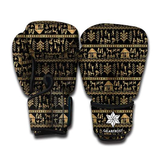 Black And Gold Warli Pattern Print Boxing Gloves