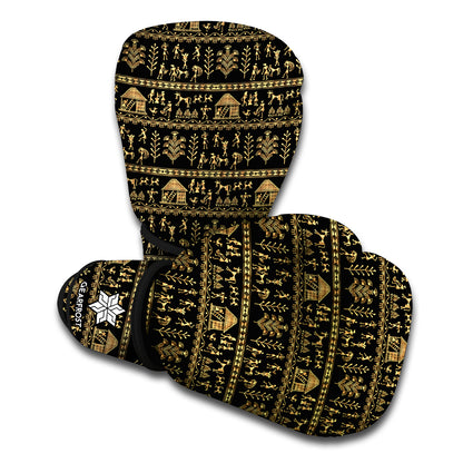 Black And Gold Warli Pattern Print Boxing Gloves