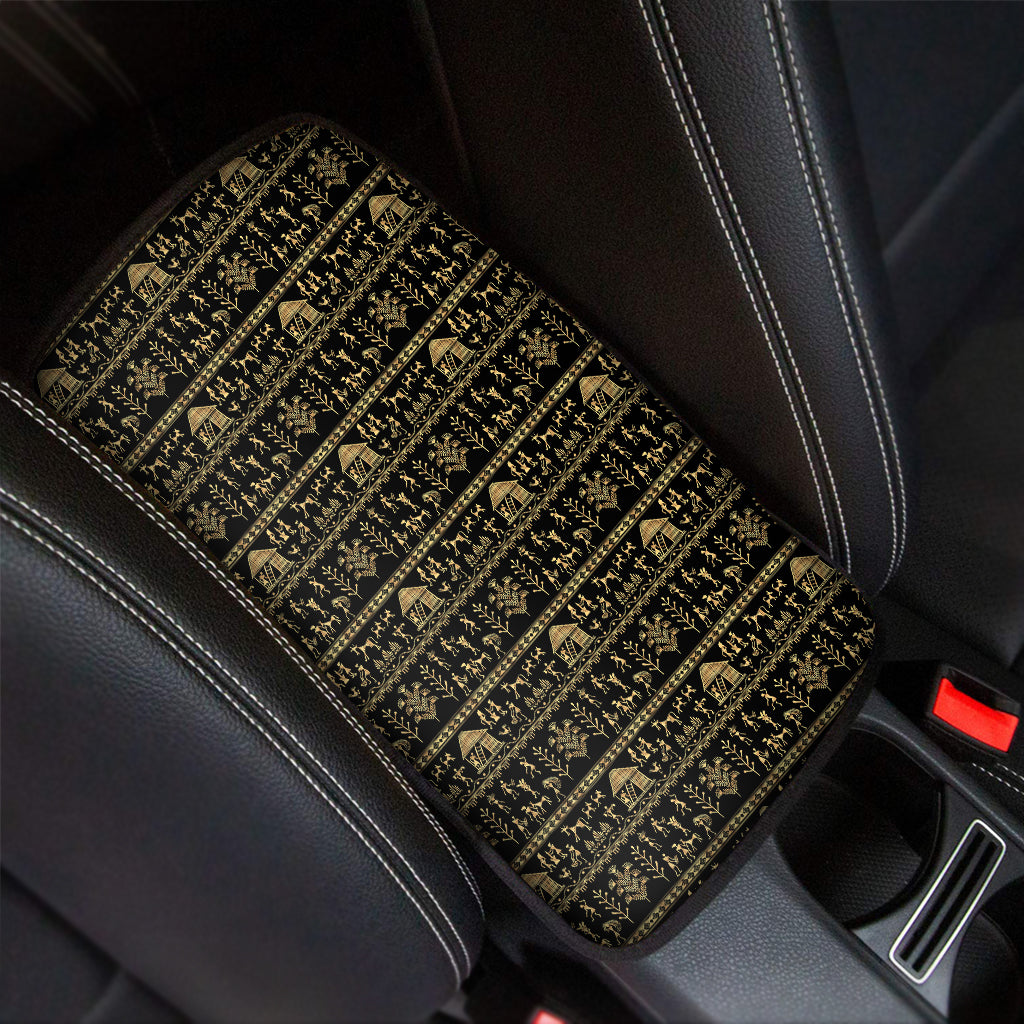 Black And Gold Warli Pattern Print Car Center Console Cover