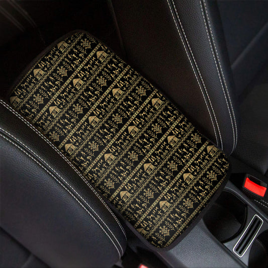 Black And Gold Warli Pattern Print Car Center Console Cover