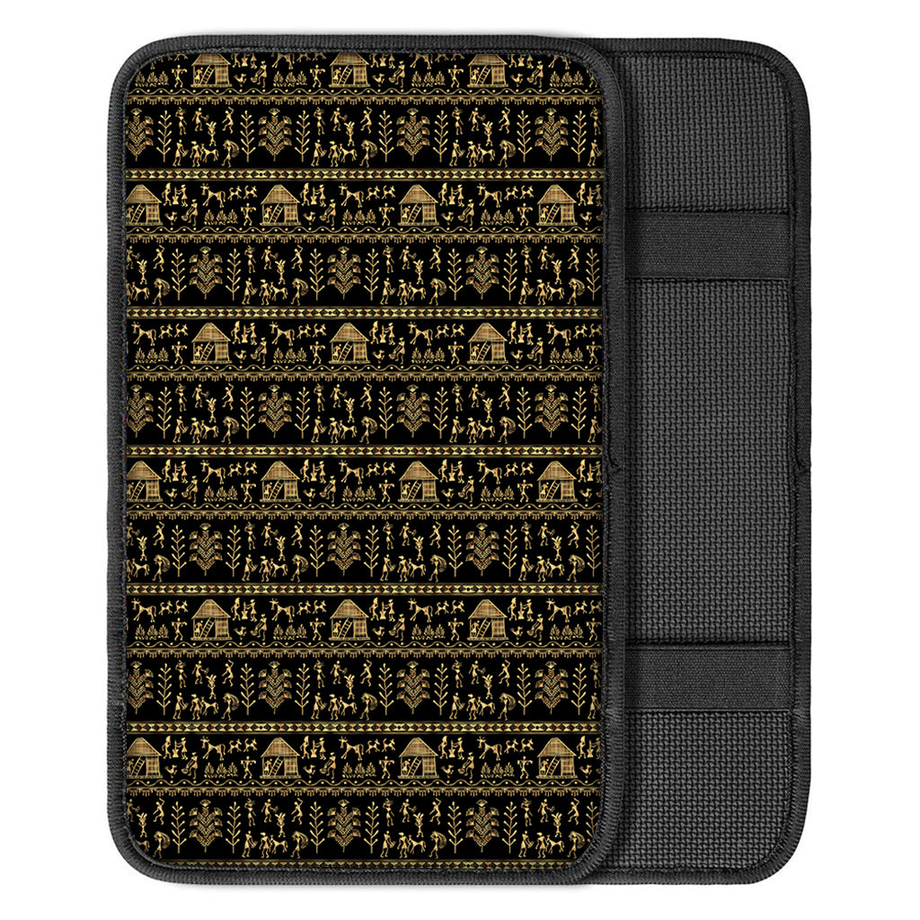 Black And Gold Warli Pattern Print Car Center Console Cover