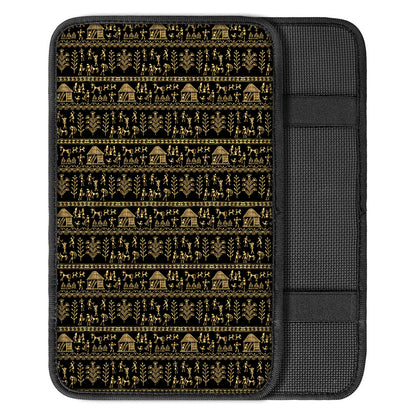 Black And Gold Warli Pattern Print Car Center Console Cover