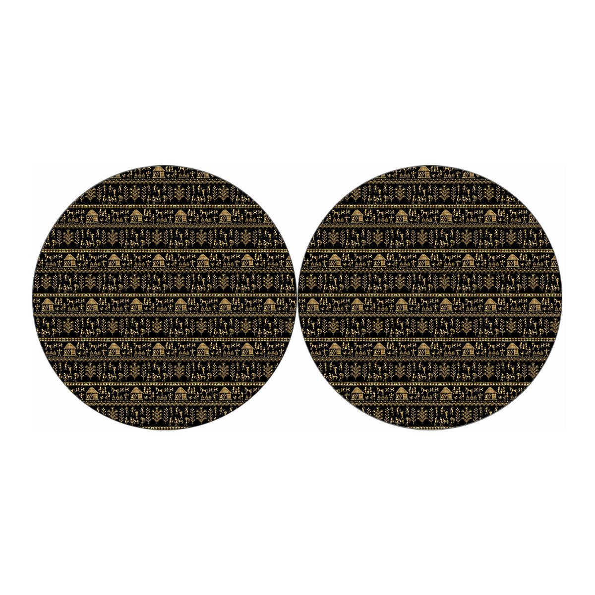 Black And Gold Warli Pattern Print Car Coasters