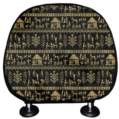 Black And Gold Warli Pattern Print Car Headrest Covers
