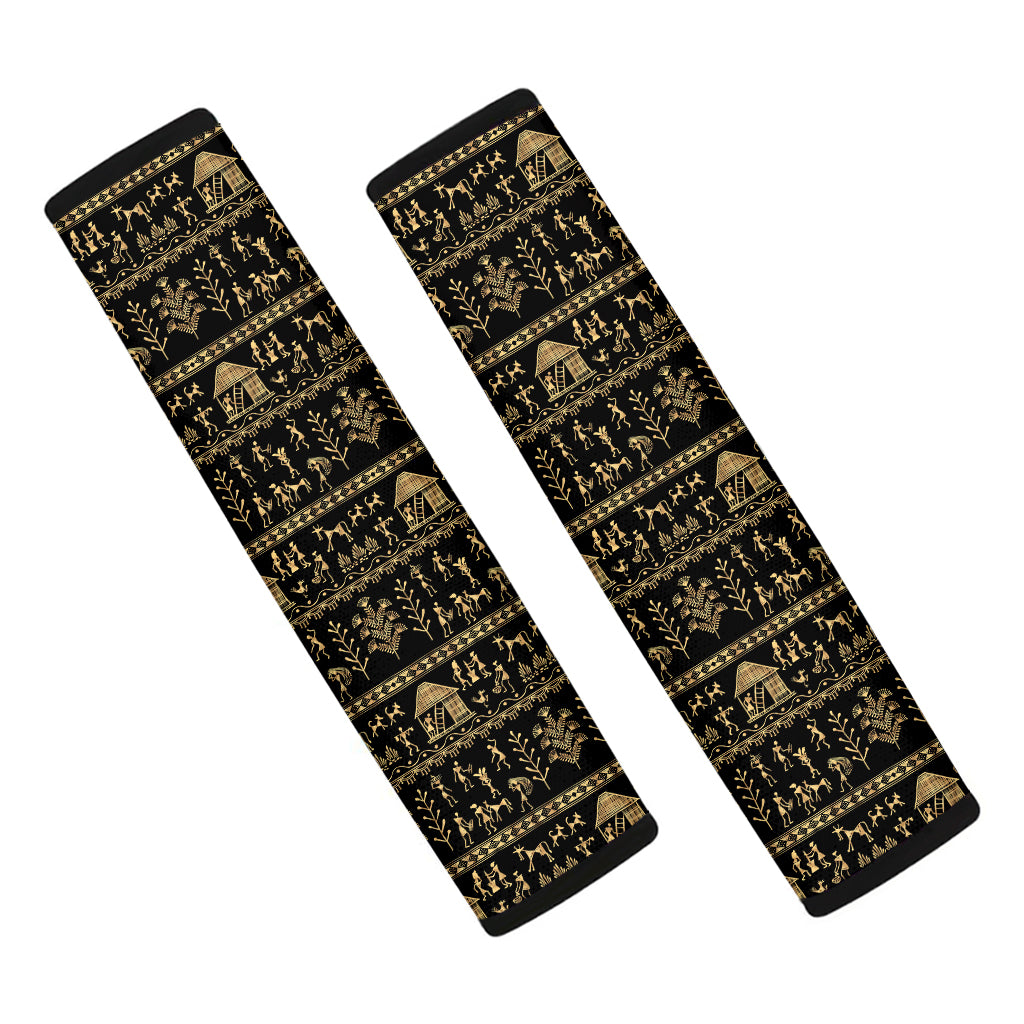 Black And Gold Warli Pattern Print Car Seat Belt Covers