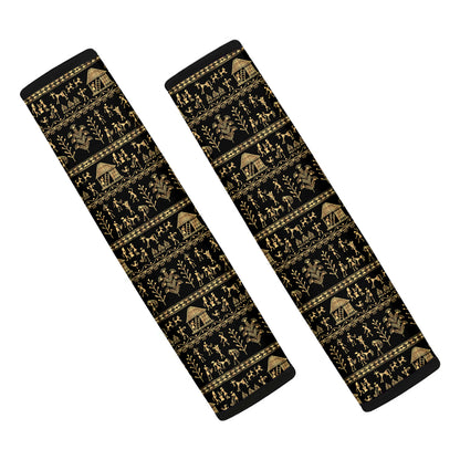 Black And Gold Warli Pattern Print Car Seat Belt Covers