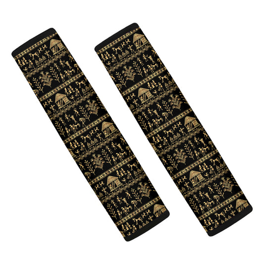 Black And Gold Warli Pattern Print Car Seat Belt Covers