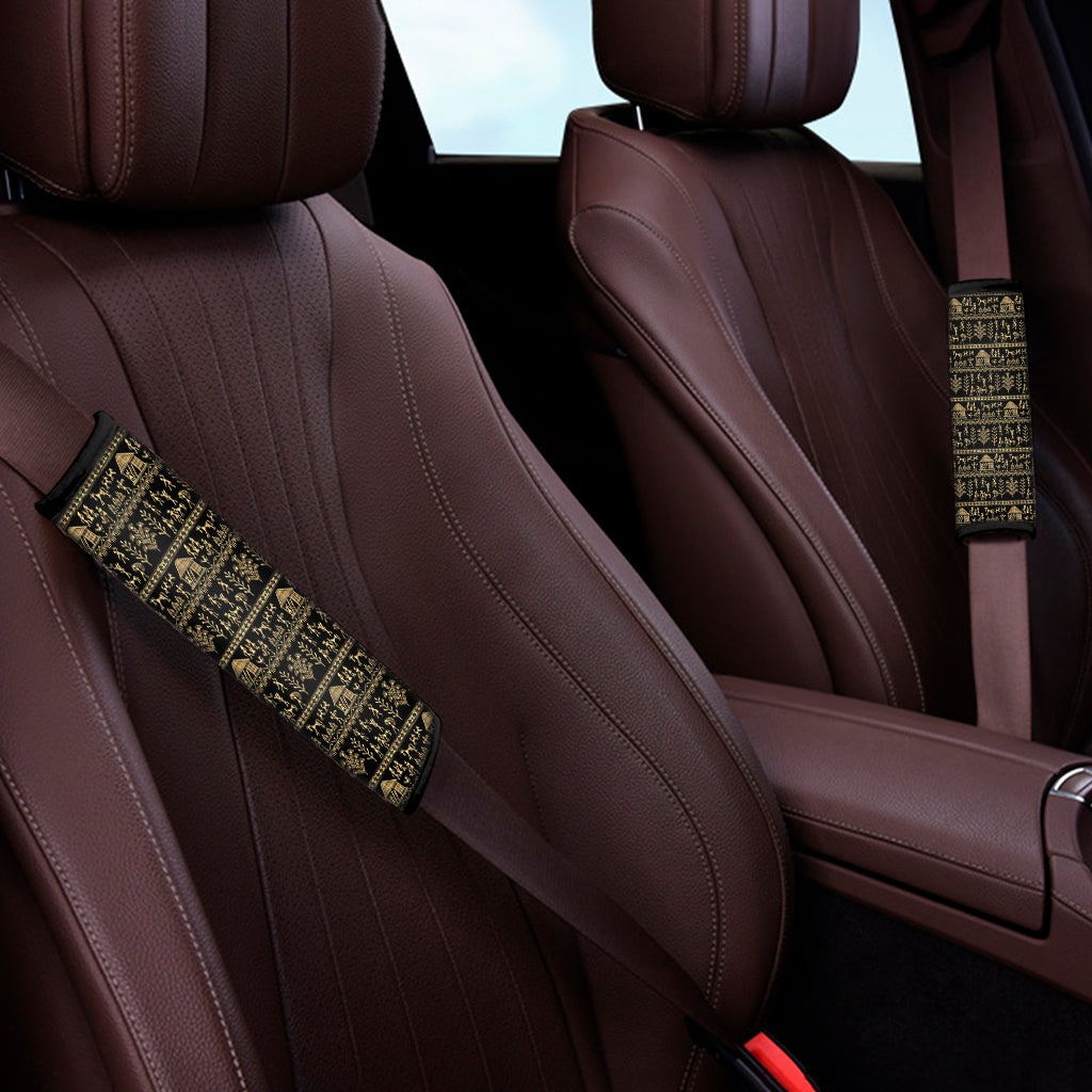 Black And Gold Warli Pattern Print Car Seat Belt Covers