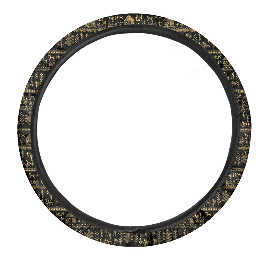 Black And Gold Warli Pattern Print Car Steering Wheel Cover