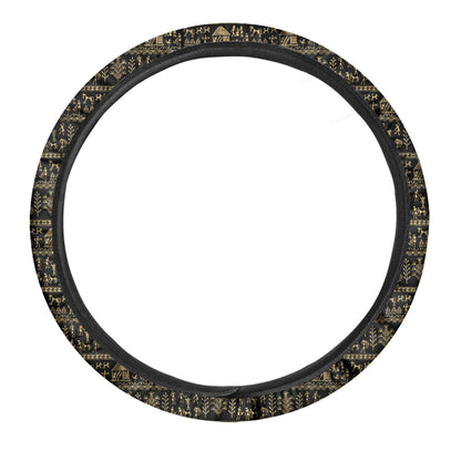 Black And Gold Warli Pattern Print Car Steering Wheel Cover