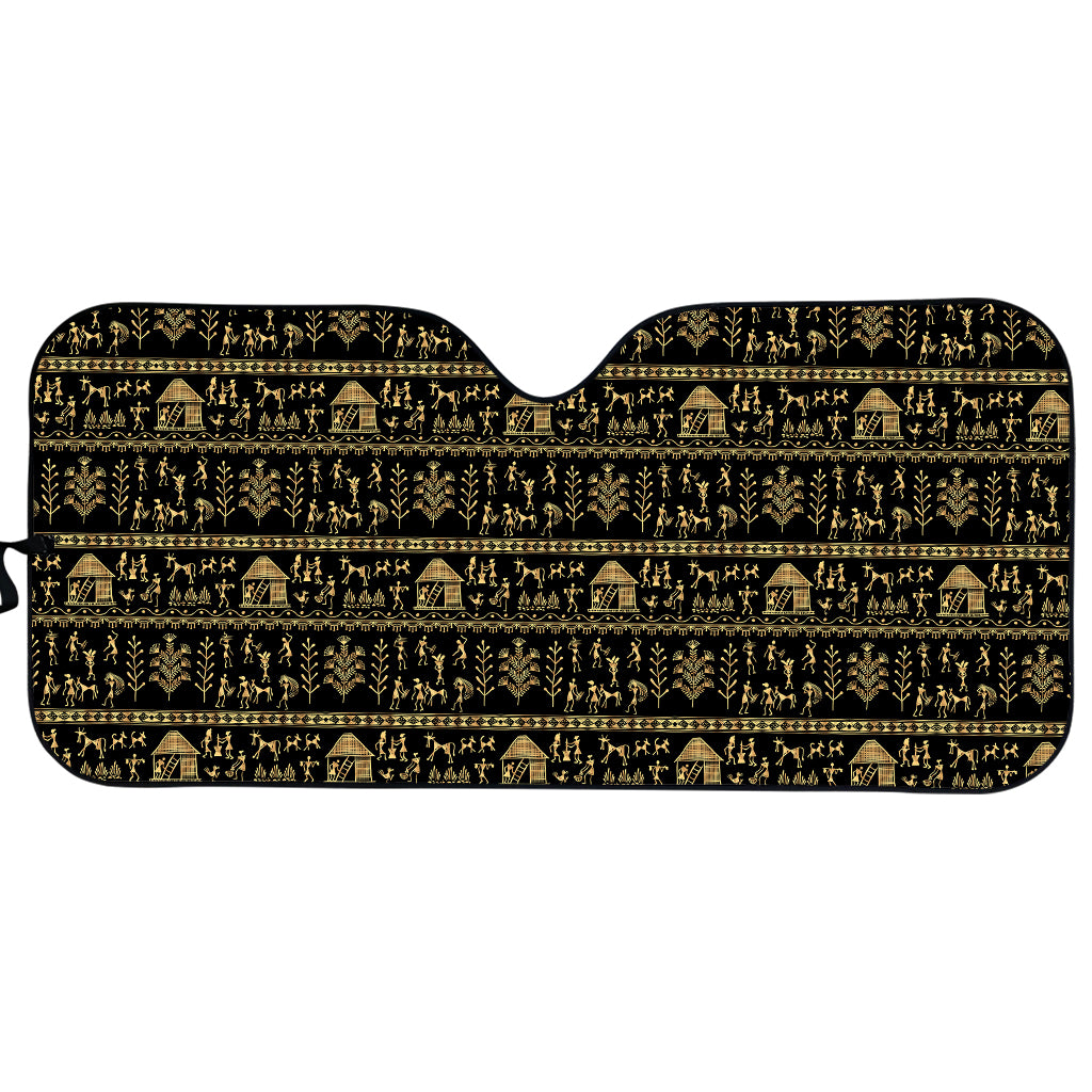 Black And Gold Warli Pattern Print Car Sun Shade