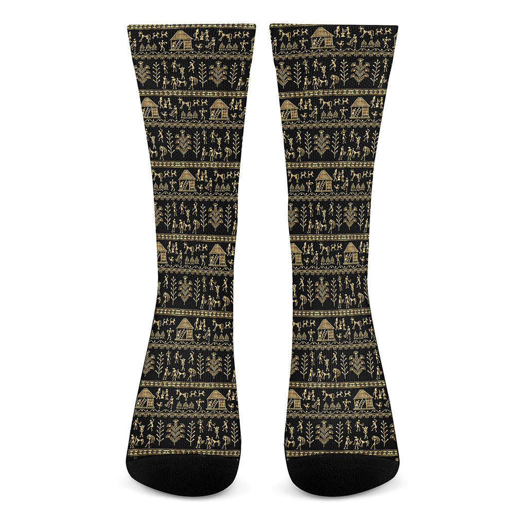 Black And Gold Warli Pattern Print Crew Socks