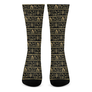 Black And Gold Warli Pattern Print Crew Socks