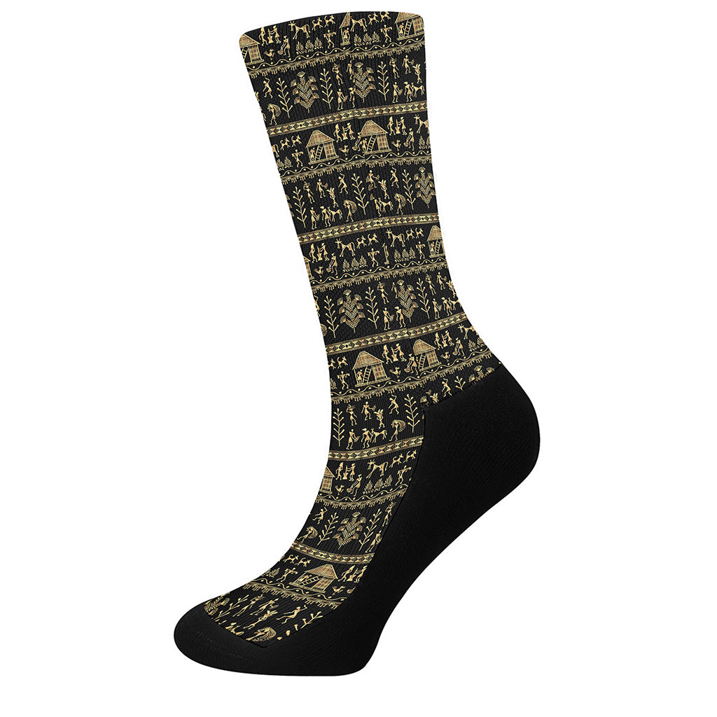 Black And Gold Warli Pattern Print Crew Socks