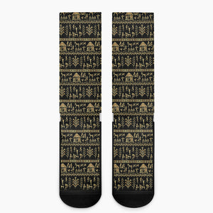 Black And Gold Warli Pattern Print Crew Socks