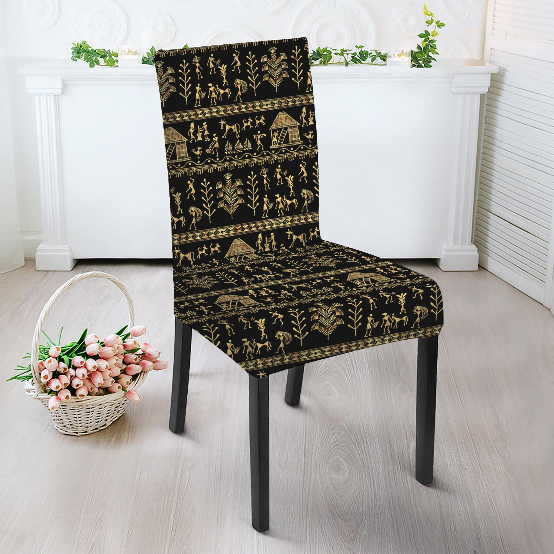 Black And Gold Warli Pattern Print Dining Chair Slipcover