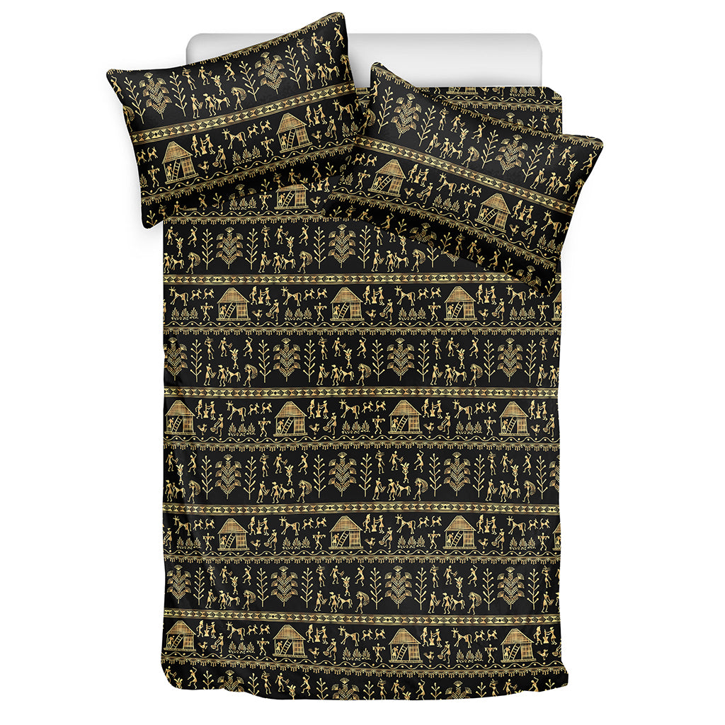 Black And Gold Warli Pattern Print Duvet Cover Bedding Set