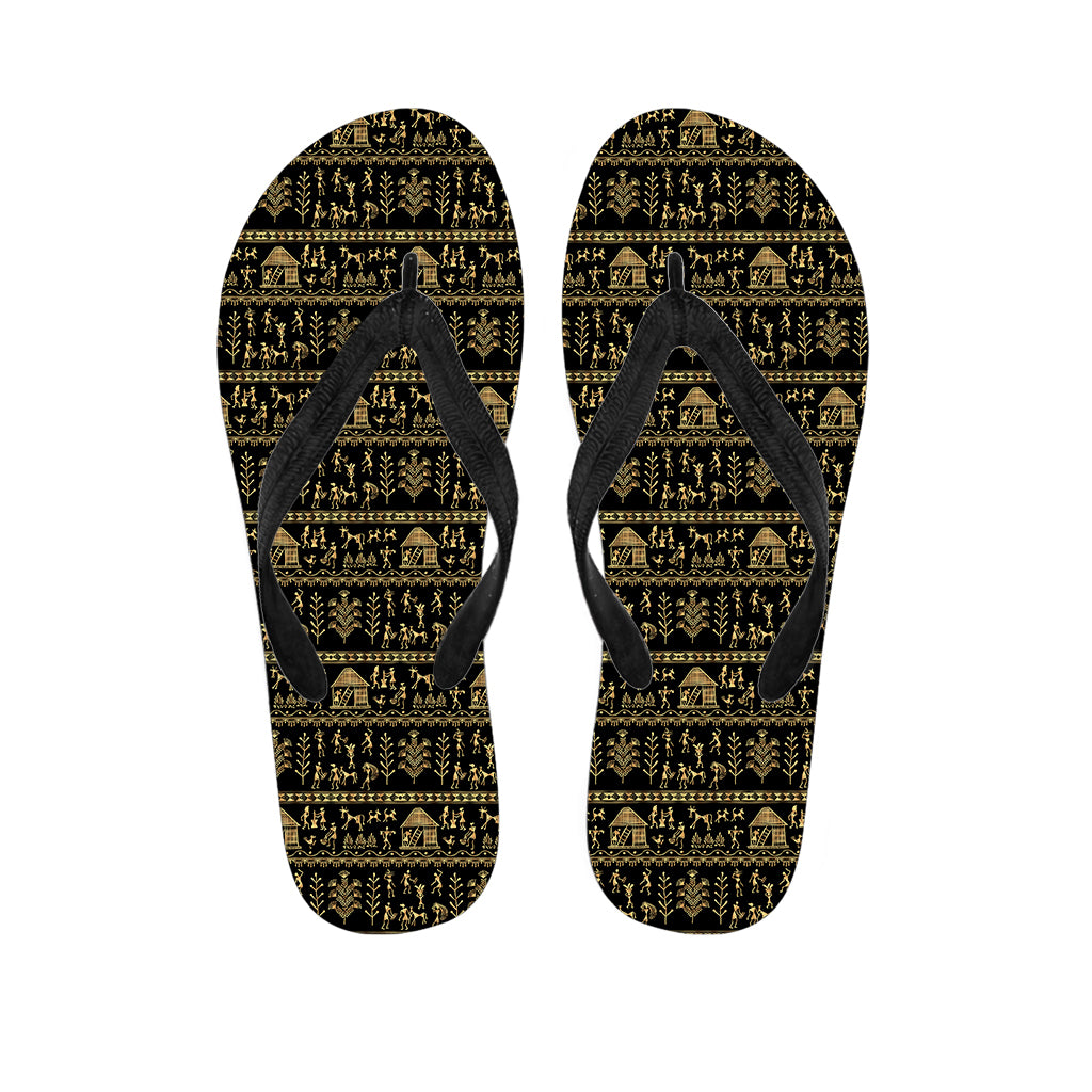 Black And Gold Warli Pattern Print Flip Flops