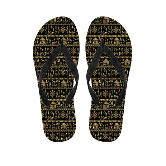 Black And Gold Warli Pattern Print Flip Flops
