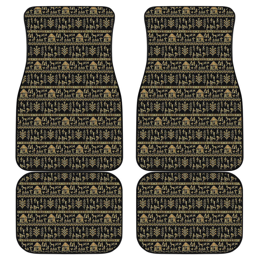 Black And Gold Warli Pattern Print Front and Back Car Floor Mats