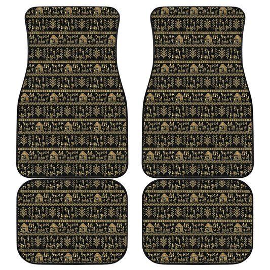 Black And Gold Warli Pattern Print Front and Back Car Floor Mats