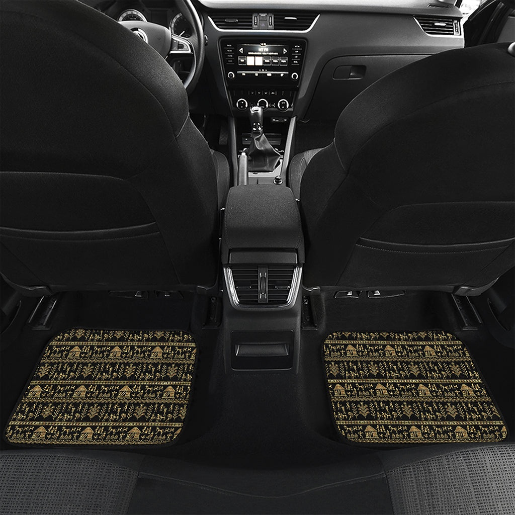 Black And Gold Warli Pattern Print Front and Back Car Floor Mats