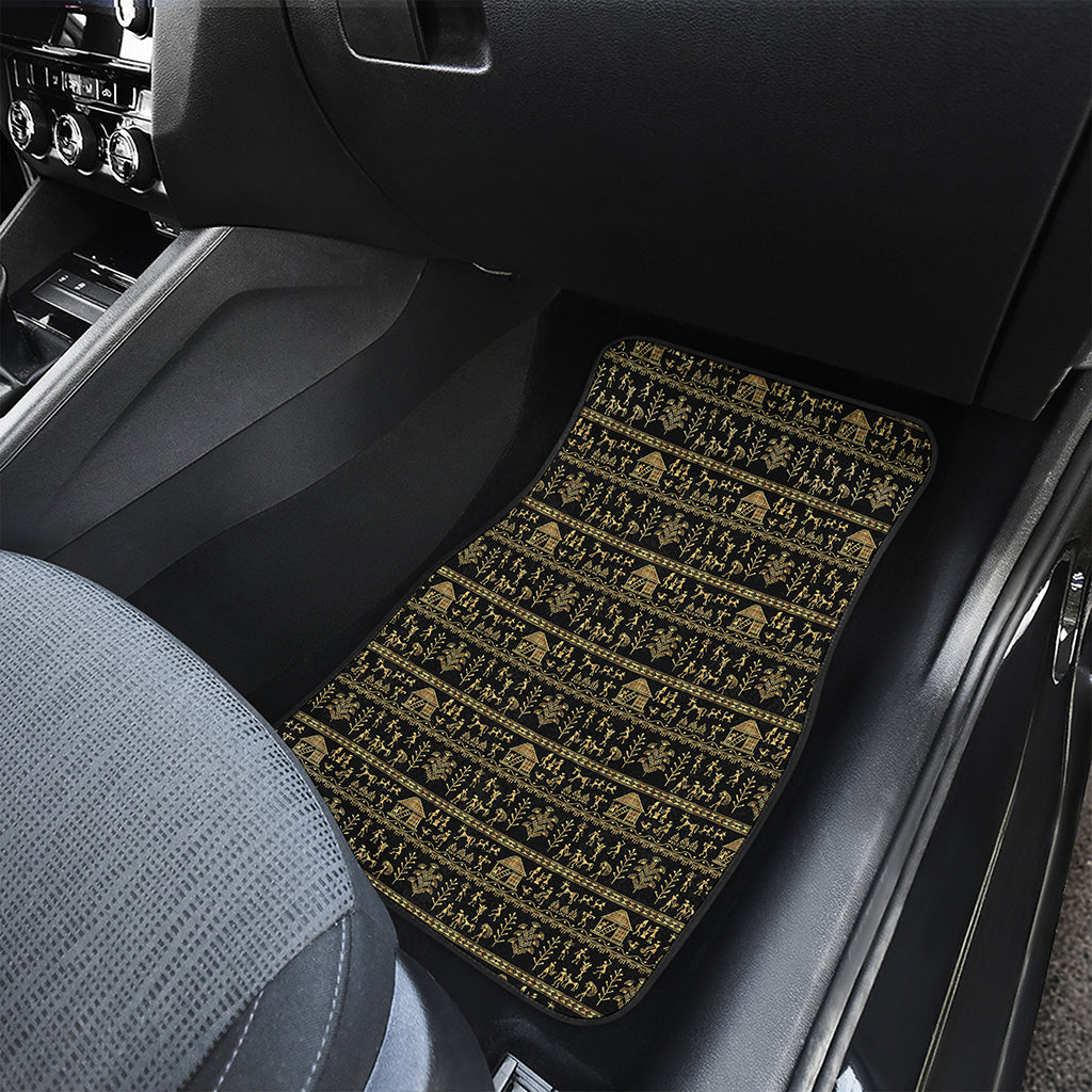 Black And Gold Warli Pattern Print Front and Back Car Floor Mats