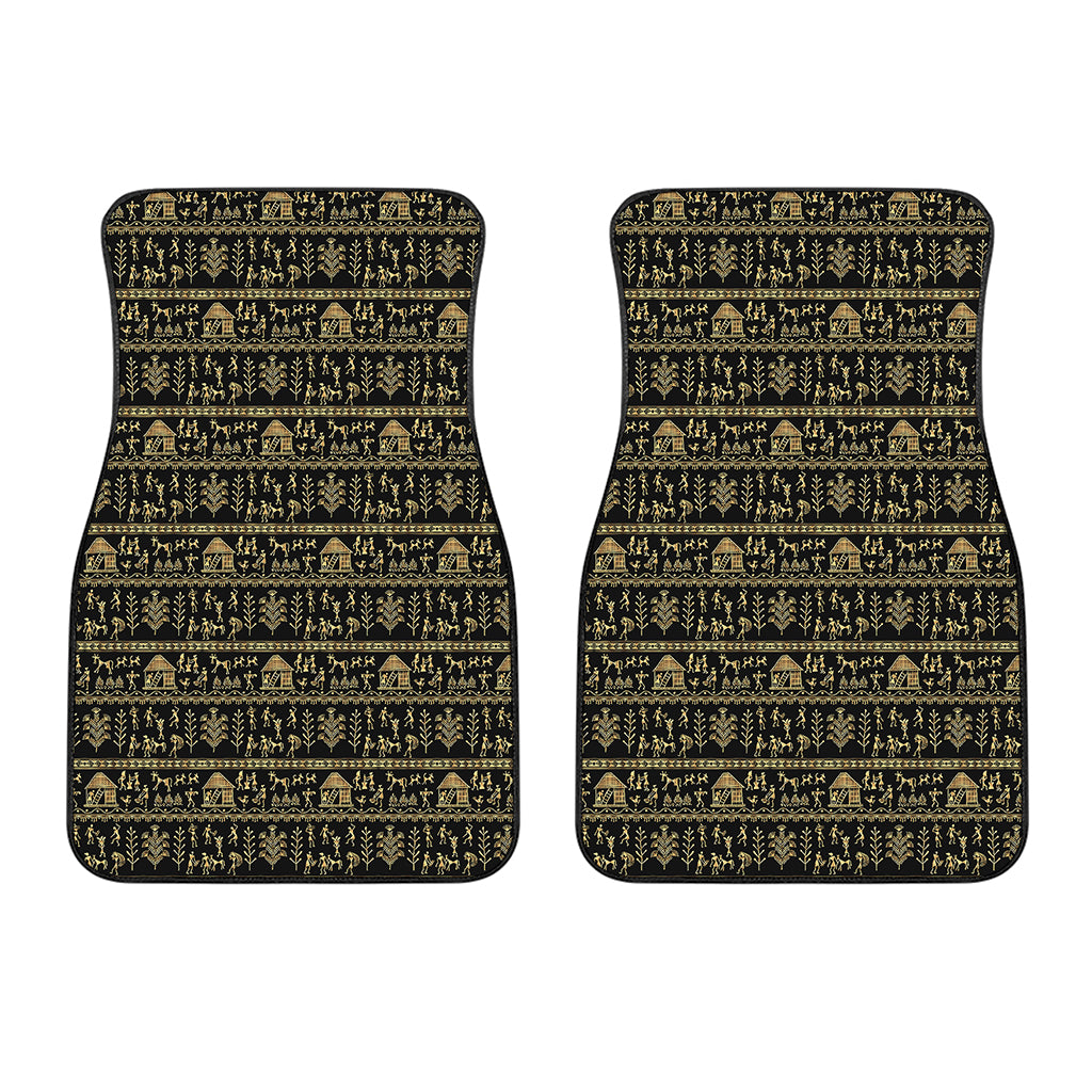 Black And Gold Warli Pattern Print Front Car Floor Mats