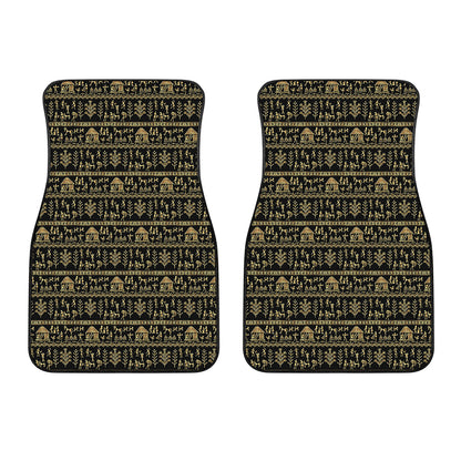 Black And Gold Warli Pattern Print Front Car Floor Mats