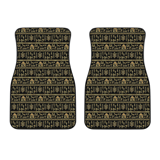 Black And Gold Warli Pattern Print Front Car Floor Mats