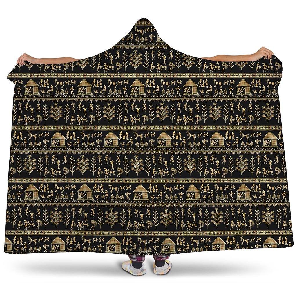 Black And Gold Warli Pattern Print Hooded Blanket