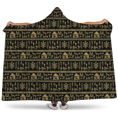 Black And Gold Warli Pattern Print Hooded Blanket