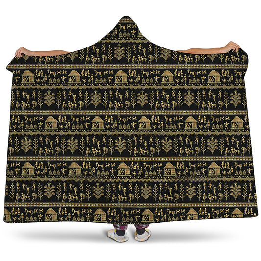 Black And Gold Warli Pattern Print Hooded Blanket