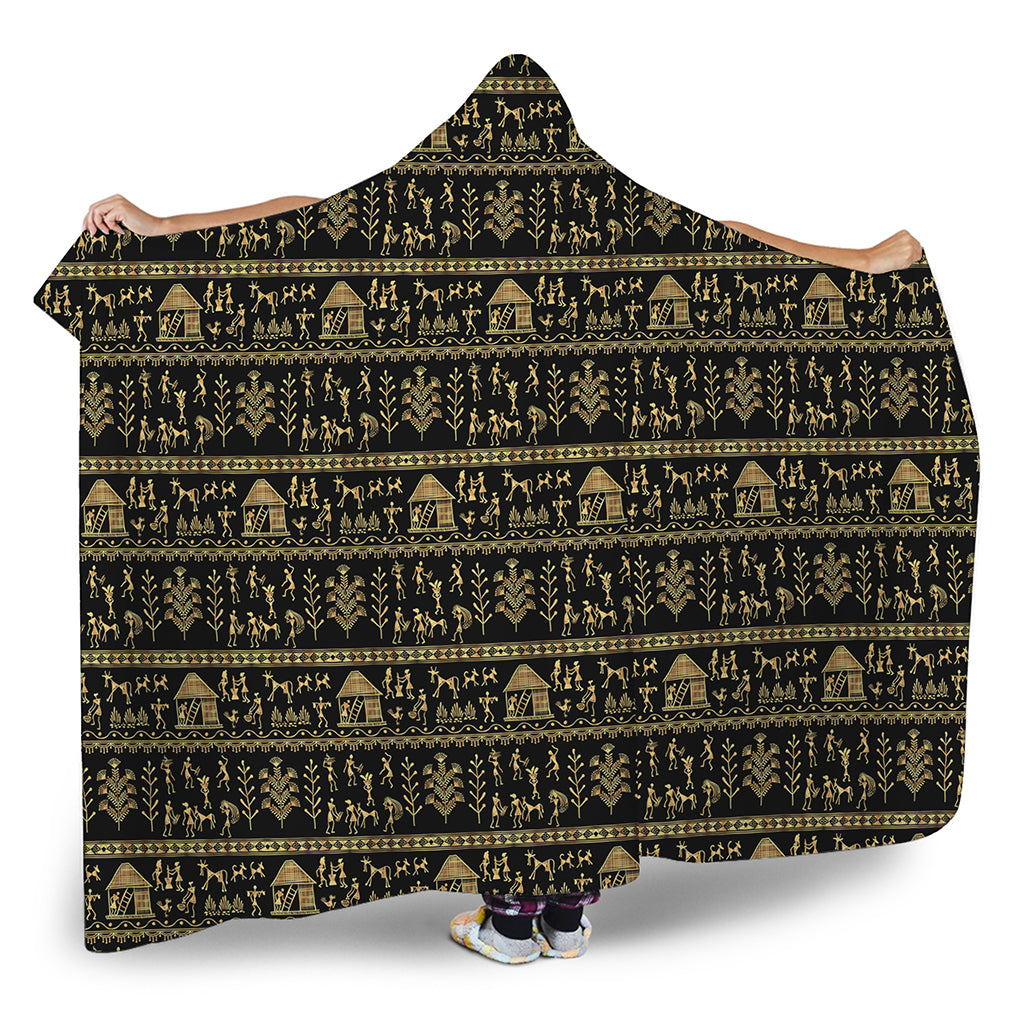 Black And Gold Warli Pattern Print Hooded Blanket