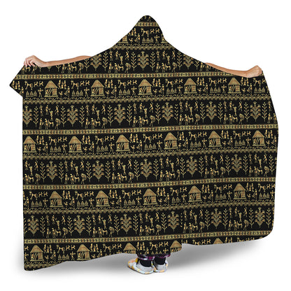 Black And Gold Warli Pattern Print Hooded Blanket