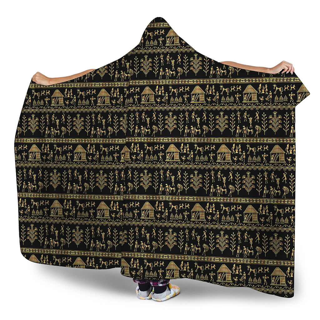 Black And Gold Warli Pattern Print Hooded Blanket