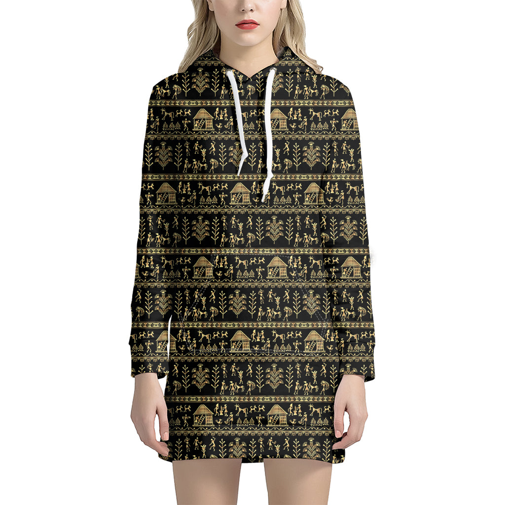 Black And Gold Warli Pattern Print Hoodie Dress