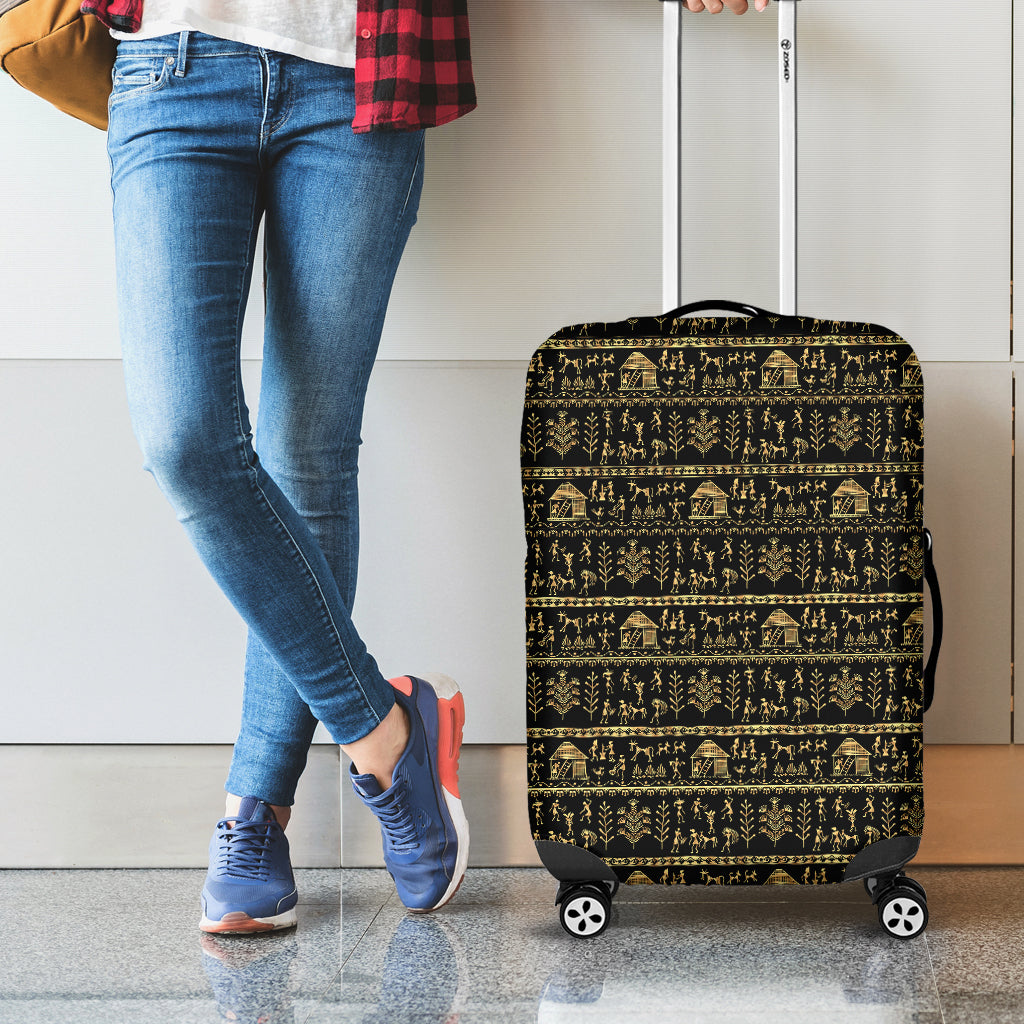 Black And Gold Warli Pattern Print Luggage Cover