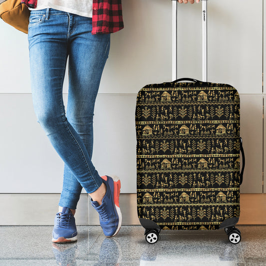 Black And Gold Warli Pattern Print Luggage Cover