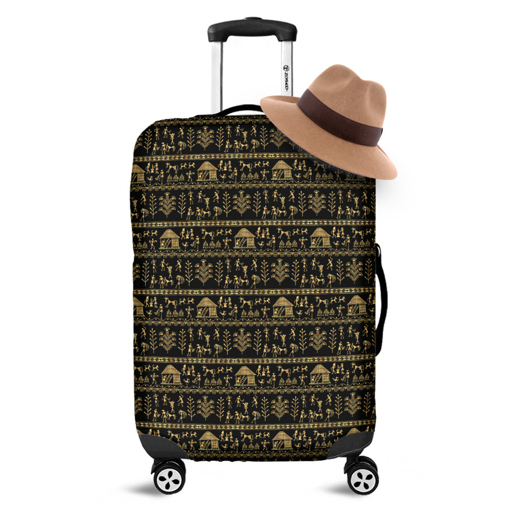 Black And Gold Warli Pattern Print Luggage Cover