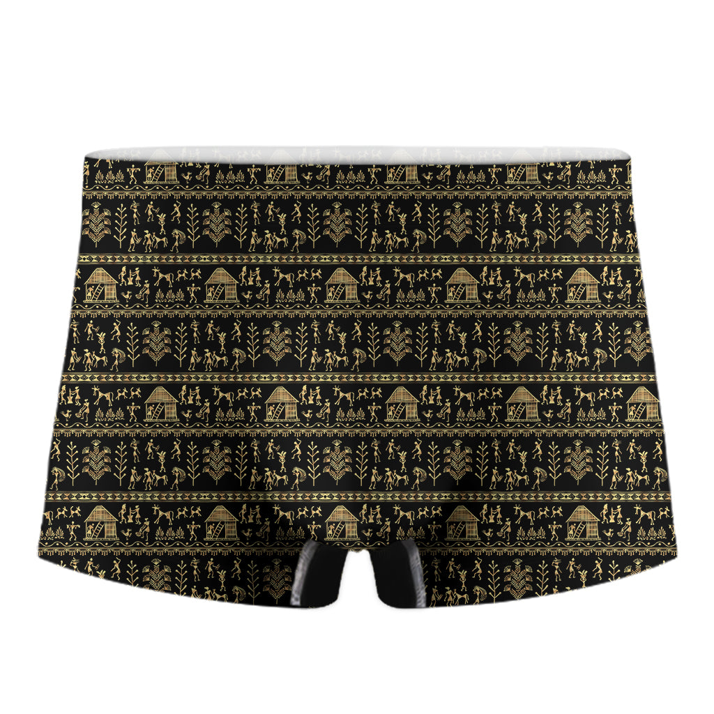 Black And Gold Warli Pattern Print Men's Boxer Briefs