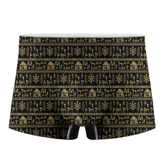 Black And Gold Warli Pattern Print Men's Boxer Briefs