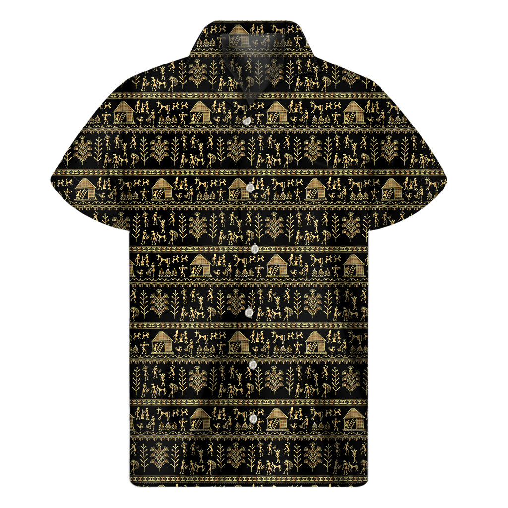 Black And Gold Warli Pattern Print Men's Short Sleeve Shirt