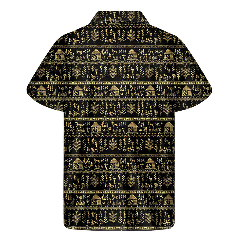 Black And Gold Warli Pattern Print Men's Short Sleeve Shirt